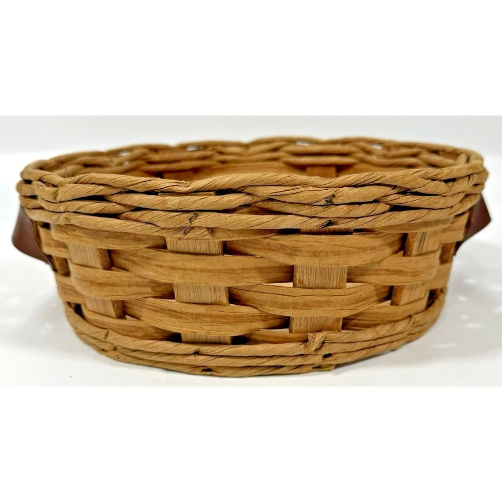 Pyrex Wicker Casserole Carrier Basket Brown Leather Handles Round 9.5in Vintage
